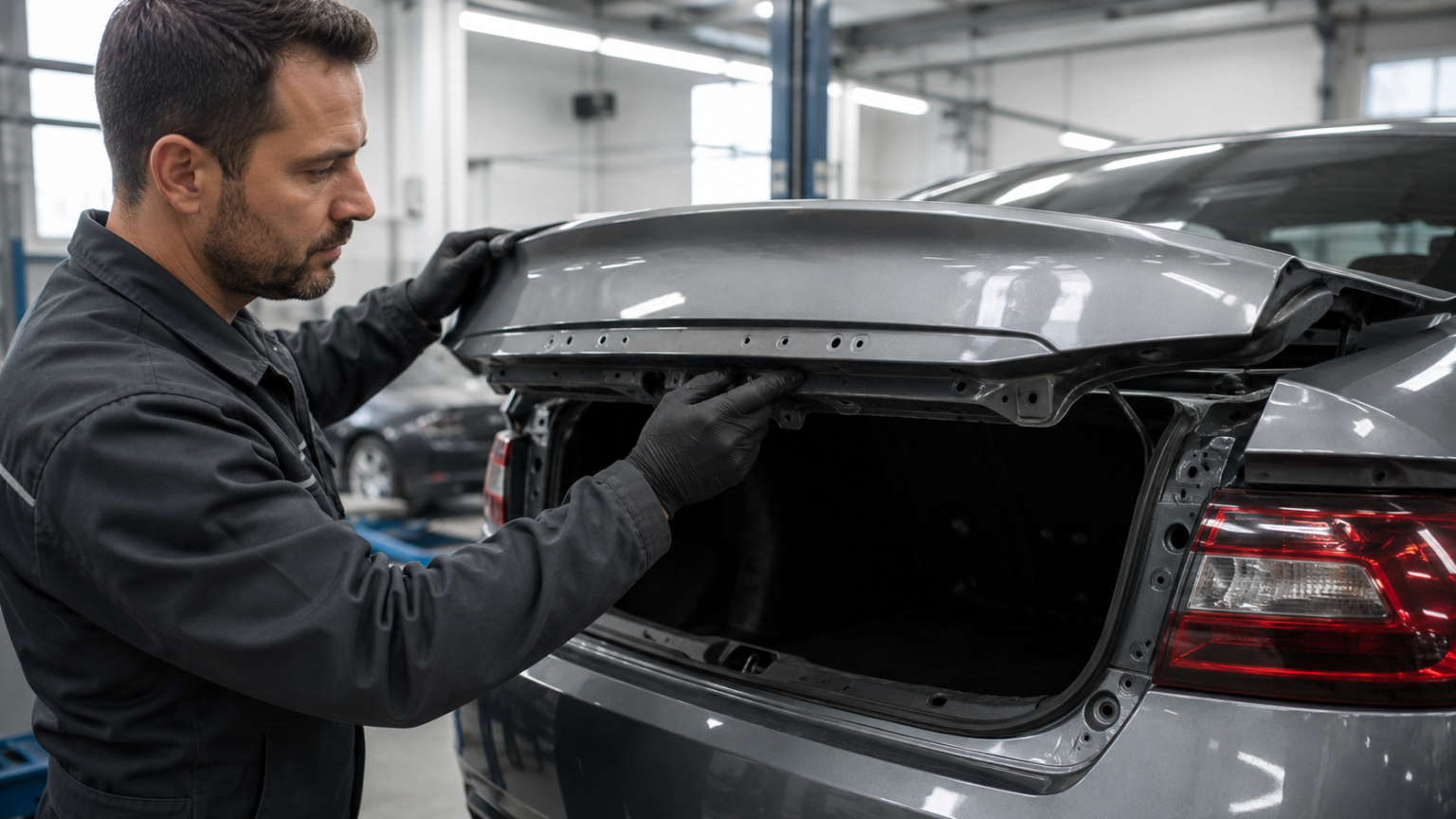 Expertise em Latarias: O Conhecimento que Faz Diferença — Conheça a Importância de Tampa de Porta-Malas Confiáveis Profissional ajustando tampa de porta-malas em oficina especializada de lataria automotiva, destacando precisão técnica, qualidade e confiabilidade das peças.