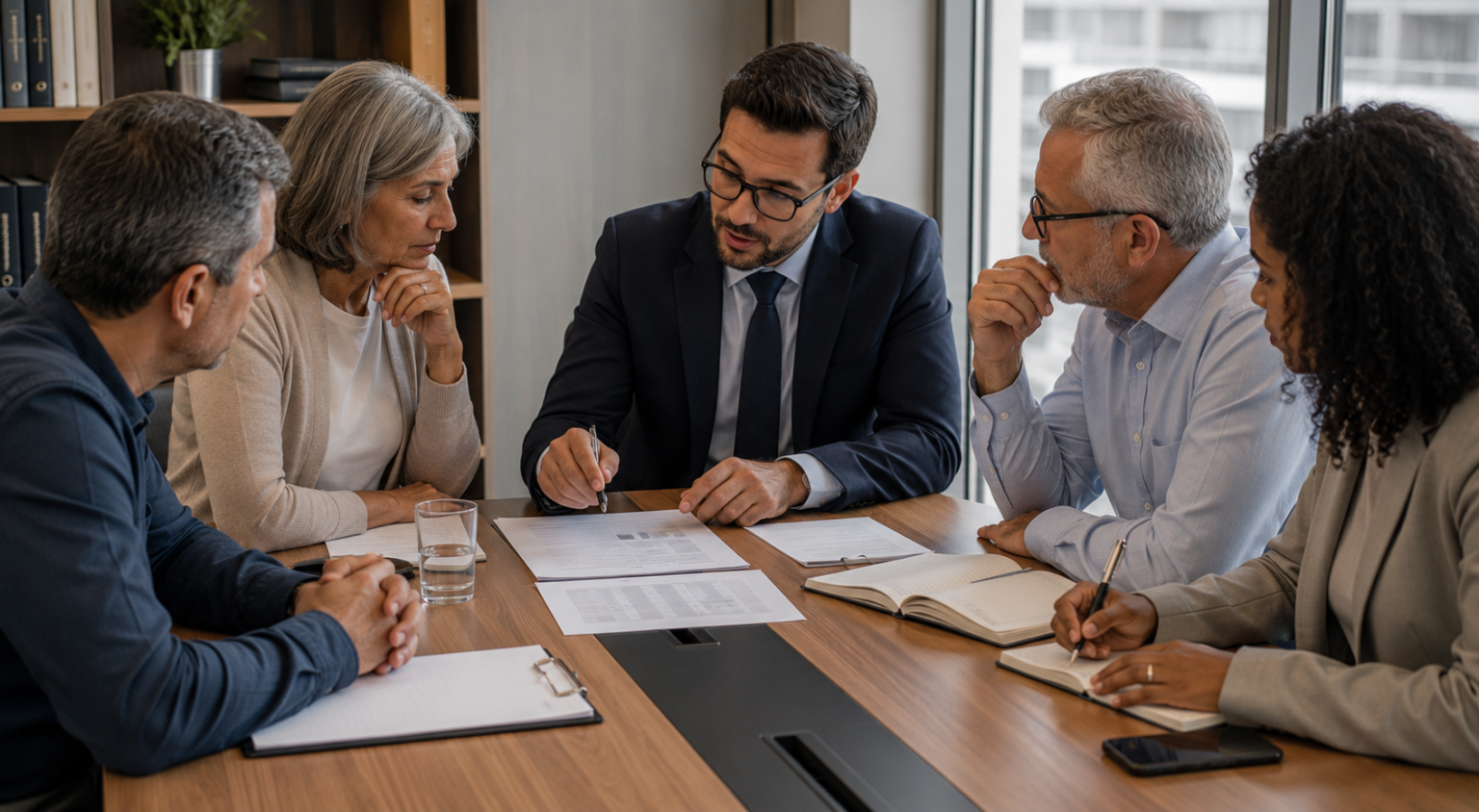 Associação e Ações Coletivas: Cuidados Antes de Iniciar um Pedido Representantes de uma associação de servidores e assessoria jurídica analisam documentos e discutem os cuidados necessários antes do início de uma ação coletiva, em reunião realizada em ambiente profissional.